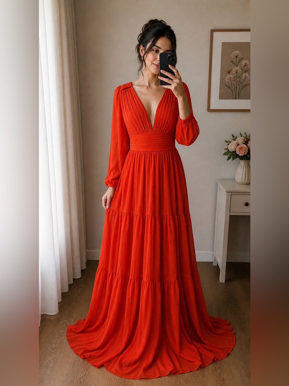 Red orange Pleated V-Neck Maxi Dress